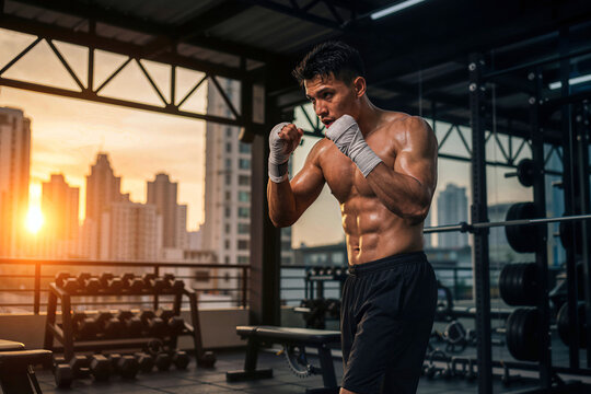 Muscular boxer shadowboxing at rooftop gym during sunset with city skyline practicing boxing technique strength and discipline fitness concept