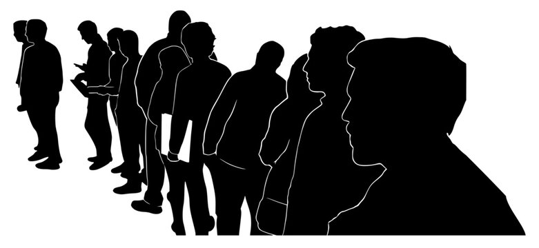black silhouette of a dense crowd of people waiting in a long line. a perspective view, showing individuals from the side and rear as they queue for an event, transit , or service.