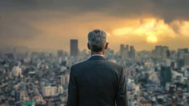 Visionary's Gaze: A poised individual, dressed in a sharp suit, gazes at a sprawling city. The photograph emphasizes ambition and foresight.