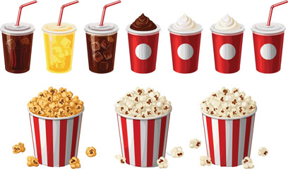 Cinema snacks and drinks vector illustration set with soda cups, popcorn buckets, and desserts, colorful food collection for movie theater, entertainment, and concession stand design projects
