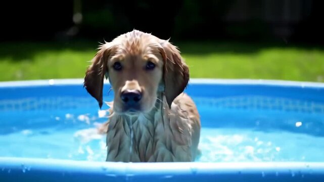 Dog Playing in Blue Kiddie Pool.