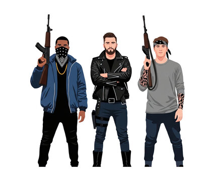 Three men in aggressive poses wearing dark clothing and holding rifles, representing conflict, crime or dangerous characters