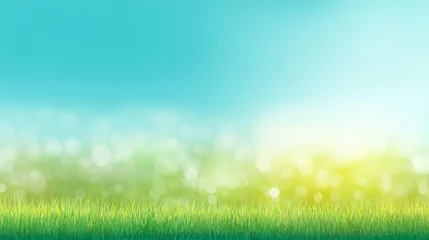 Fototapete Türkis Spring green field with easter sky and sun in soft pastel colors, blurred bokeh background illustration showing nature holiday mood, seasonal landscape concept for celebration design  © 锴 张