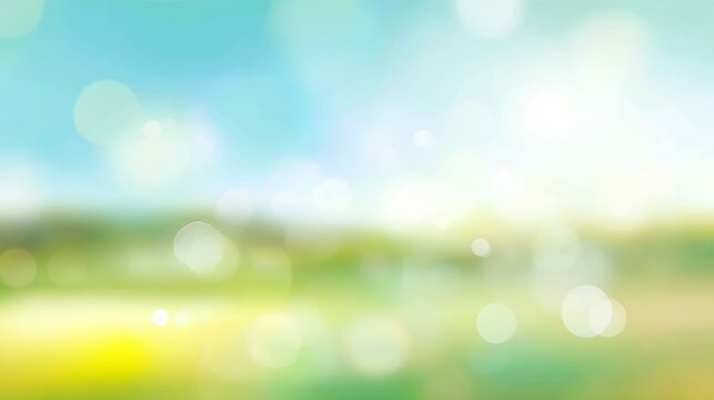 Spring green field with easter sky and sun in soft pastel colors, blurred bokeh background illustration showing nature holiday mood, seasonal landscape concept for celebration design