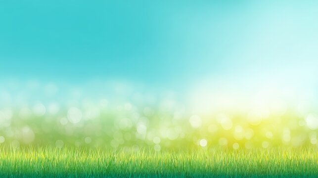 Spring green field with easter sky and sun in soft pastel colors, blurred bokeh background illustration showing nature holiday mood, seasonal landscape concept for celebration design