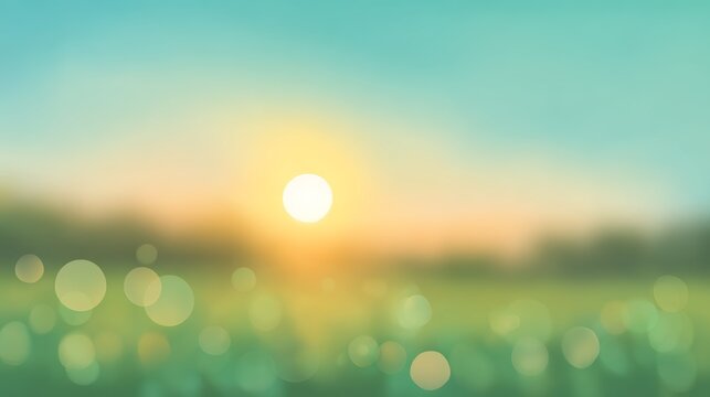 Spring green field with easter sky and sun in soft pastel colors, blurred bokeh background illustration showing nature holiday mood, seasonal landscape concept for celebration design