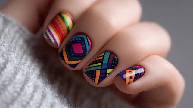 Nail art with colorful patterns on a hand holding a light gray sweater in a well-lit indoor setting during daytime