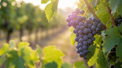Ripe purple grapes hang on a sunlit vine in a beautiful vineyard at golden hour, ready for harvest and wine production.
