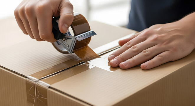 Close up of a person using a tape dispenser to seal a brown cardboard package for moving or mailing