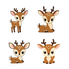 Naklejka premium Adorable cartoon deer collection showcasing various poses and expressions in vibrant illustrations.