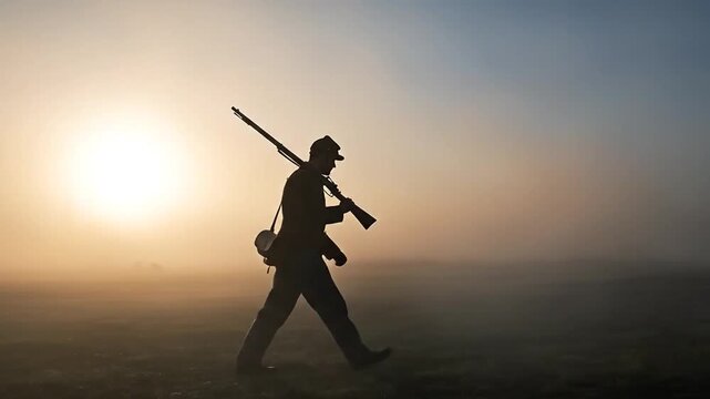 Silhouette of a Union Soldier Marching on Eerie Misty Battlefield