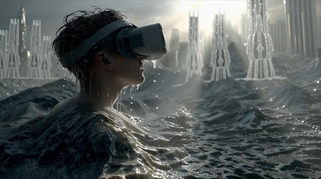 Virtual reality experience in flooded city during sunset with water splashing on young user