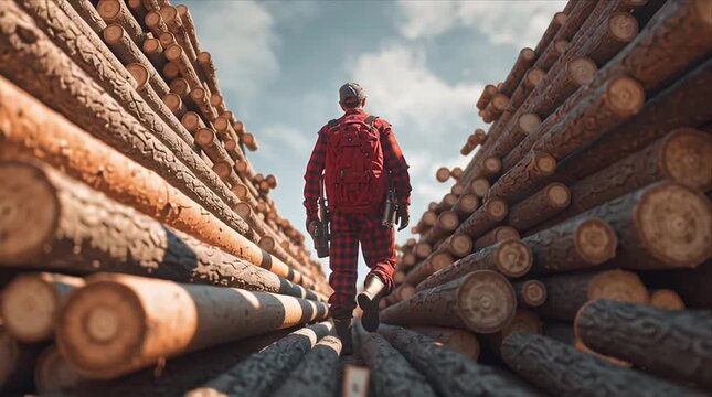 Person stands between stacks of logs in a forest during daytime with clear sky and sunlight
