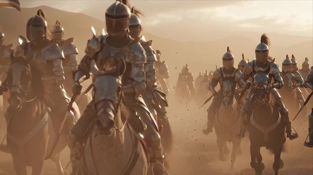 Warriors on horseback march through dusty plains in the early morning light with banners waving in the wind