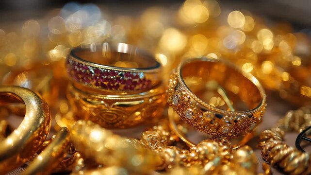 Jewelry display with gold rings and colorful stones showcased at a market during daytime