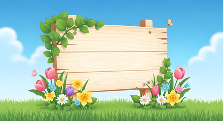 A wooden sign surrounded by vibrant flowers and lush greenery on a serene grassy field under a clear blue sky with fluffy white clouds