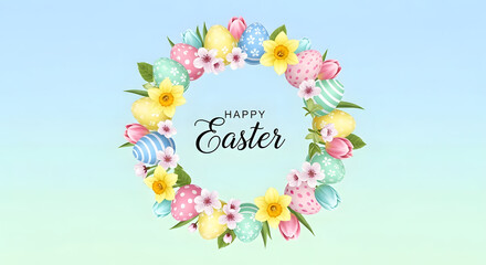 Easter wreath with colorful flowers and eggs in a festive overhead view