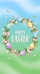 A vibrant Easter wreath with colorful eggs and flowers on a serene green and blue background, viewed from directly above.