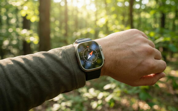 Person's wrist with a smartwatch displaying a digital compass, guiding through a sunlit green forest during an outdoor adventure.