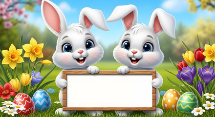 Two cartoon bunnies holding a blank sign amidst vibrant spring flowers and Easter eggs in a lush green meadow