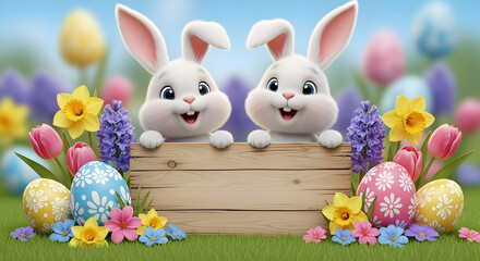 Two Easter bunnies peeking from a wooden box surrounded by flowers and eggs on a grassy field