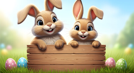 Two cute rabbits peeking over a wooden box in a sunny spring meadow with Easter eggs