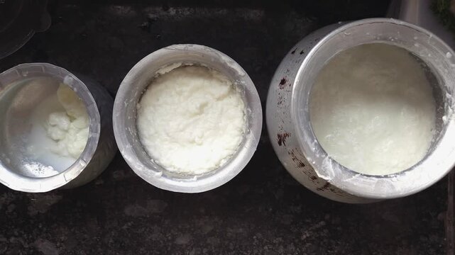 A traditional Indian method of separating butter from curd (yogurt). This process is a common practice in Indian households and is a preliminary step before making ghee