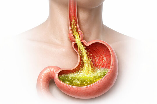 Heartburn reflux stomach acid anatomy medical illustration torso human body digestion problem gastroesophageal irritation symptom pain healthcare