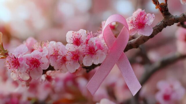 Pink ribbon stands out against pink blossoms on a tree branch during springtime in a garden