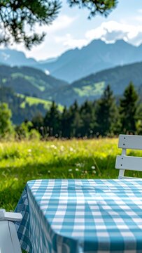 Picnic Table with Blue Gingham Tablecloth in Mountain Meadow