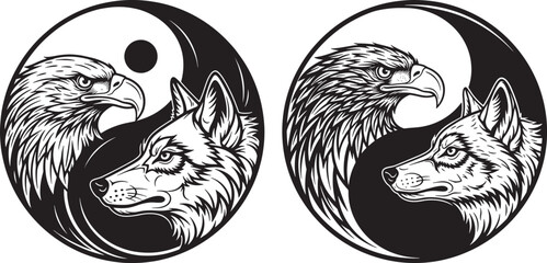 Eagle and wolf heads in Yin Yang symbol, representing balance and duality, black and white vector art. © FrajanaAI