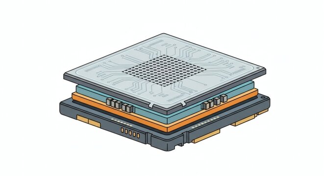 Detailed isometric illustration of a multi-layered computer processor chip with visible circuitry and pin grid array.