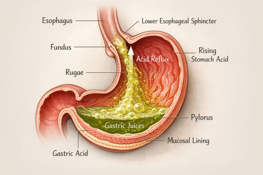 Stomach acid reflux heartburn gastric juice anatomy diagram medical illustration digestive system healthcare concept discomfort education