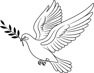 Obraz premium Dove with olive branch line art vector illustration, symbolic peace bird outline design for religion, spirituality, tattoo, logo, and minimal graphic projects