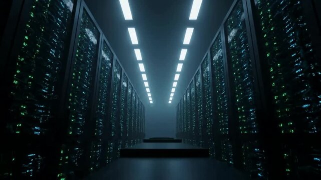 Rows of Servers Processing Digital Data in a Dark Blue Lit Server Room