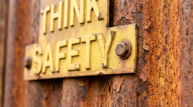 Close-up of a weathered yellow 'THINK SAFETY' sign bolted to a heavily rusted industrial metal wall, showing peeling paint and decay.