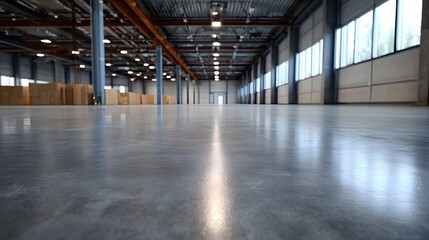 Naklejka premium An empty modern warehouse interior with a polished concrete floor reflecting the overhead lights and stacks of goods