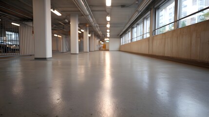 Naklejka premium A modern empty parking garage corridor with a glossy wet concrete floor and bright overhead lighting