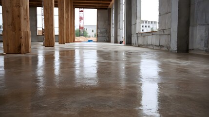 Naklejka premium Construction site interior with wet reflective concrete floor and prominent wooden structural beams