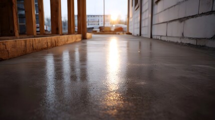 Fototapeta premium Freshly poured wet concrete floor on a construction site reflecting the bright warm glow of ambient light at dusk or dawn