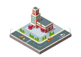 Isometric Fire Station Building with Fire Trucks