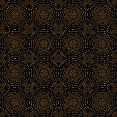 Intricate Mandala Seamless Pattern, Geometric Batik Ornament on Black Background.