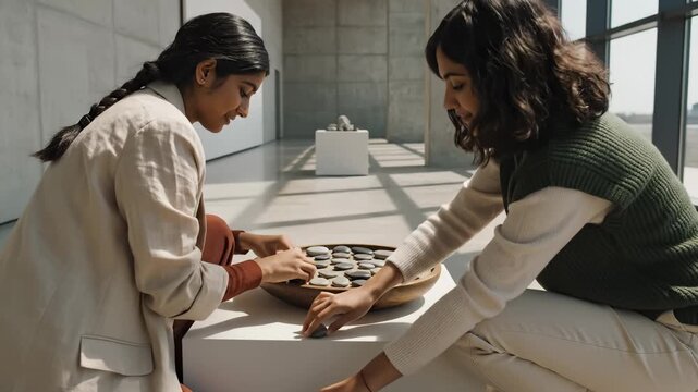 Two Women Playing Mancala Game Indoors