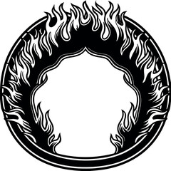 Flaming Circle Frame  Fire Ring Border Black and White Illustration isolated  on White Background.