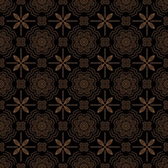 Intricate Mandala Seamless Pattern, Geometric Batik Ornament on Black Background.