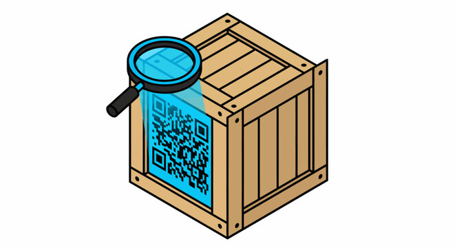 Isometric wooden crate with QR code and magnifying glass vector illustration