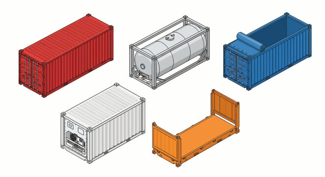 Set of industrial shipping containers for logistics isometric vector illustration