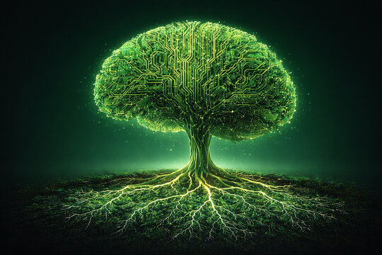 AI generated tree like a human brain glowing green circuit patterns network roots symbolizing artificial intelligence green technology digital ecosystem sustainable innovation and future data networks
