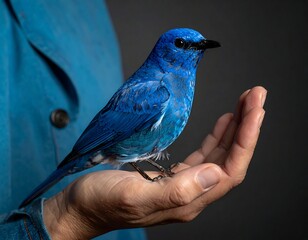A vibrant blue bird perches on a person's outstretched hand