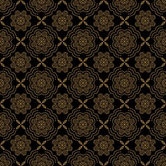 Intricate Mandala Seamless Pattern, Geometric Batik Ornament on Black Background.